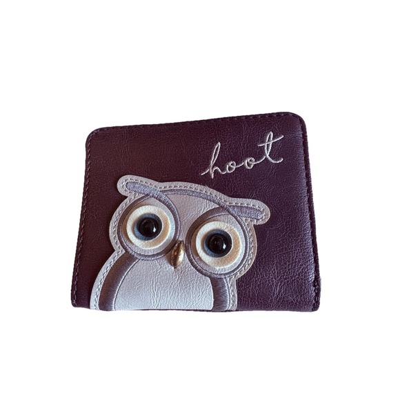 Relic Women's Wallet Owl Hoot Bird Dark Purple Leather Bi-Fold Snap Button - Picture 1 of 3